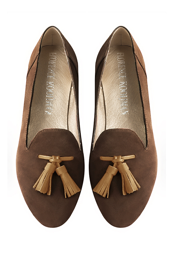 Chocolate brown and camel beige women's loafers with pompons. Round toe. Flat leather soles. Top view - Florence KOOIJMAN